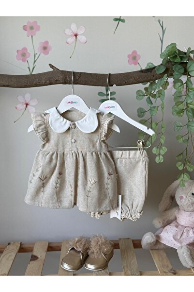 Butik Kız Bebek Çiçek Nakışlı Keten 2'li Takım