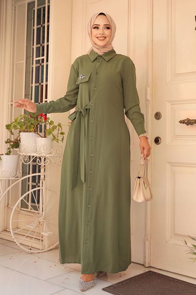 Neva Style Rochie Hijab Kaki - Nasturi, Model Nr: 12504HK