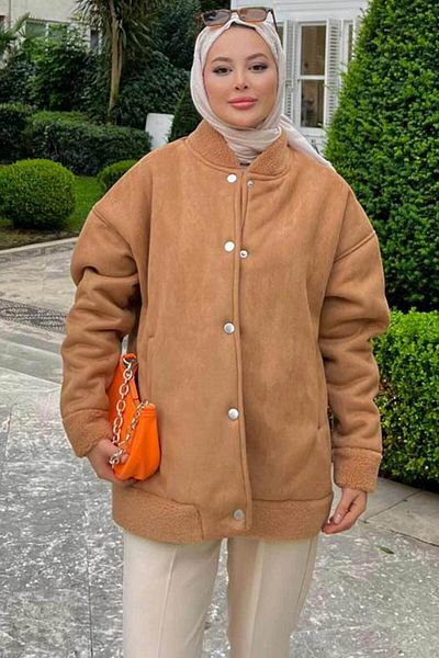 Neva Style Suede Leather Tan Hijab College Coat 9287Tb