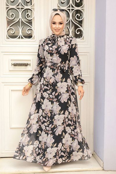 Neva Style - Rochie Hijab Neagră cu Motiv Floral 279015 s