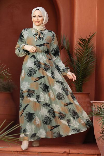 Neva Style Rochie islamică verde cu model de frunze 50353CY