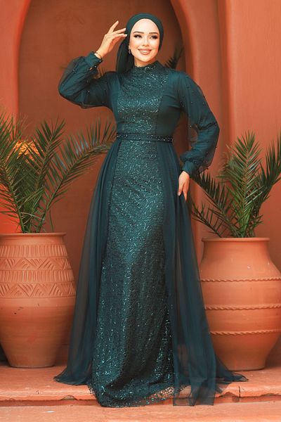 Neva Style Sequin Sequin Embroidered Green Hijab Evening Dress 5632Y