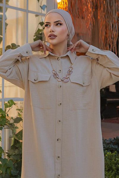 Neva Style تونيك حجاب بيج بأزرار 660بيج