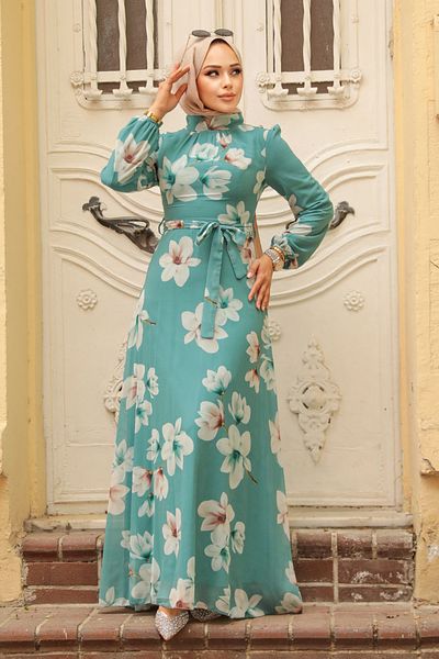 Neva Style Rochie Hijab Verde cu Motiv Floral 279314 cy