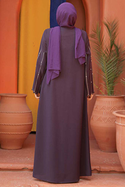 Neva Style Kolları İşlemeli Mürdüm Tesettür Abaya 2634MU