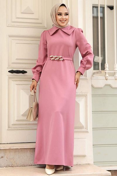 Neva Style Rochie musulmană cu trandafir praf cu curea cu lanț 3420gk