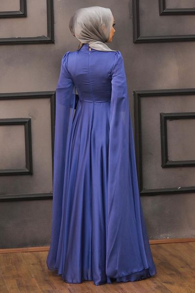 Neva Style Indigo Blue Hijab Evening Dress with Cape 22140ım