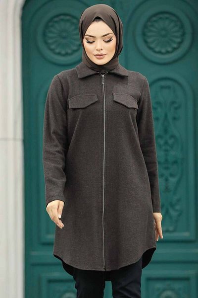 Neva Style تونيك حجاب بني داكن بسحاب 5944kkh