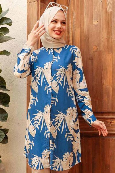 Neva Style تونيك حجاب فيسكوز أزرق نيلي موديل 11552