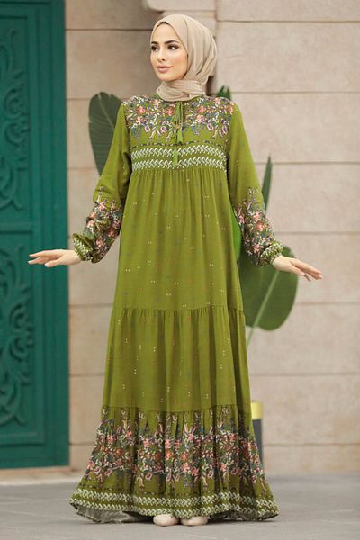 Neva Style Patterned Oil Green Hijab Dress 50095Yy