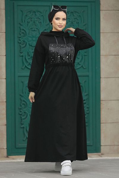Neva Style - Rochie neagră Hijab cu detaliu din piele 13561s