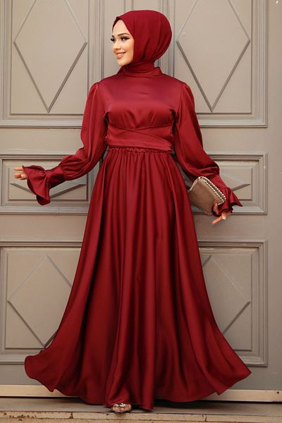 Neva Style Burgundy Hijab Satin Evening Dress 5983Br