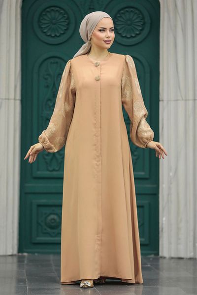 Neva Style فستان سالمون حجاب بأكمام مفصلة 20157smn