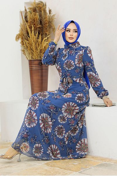 Neva Style Φόρεμα Hijab με μοτίβο λουλουδιών Indigo Blue 279320ım