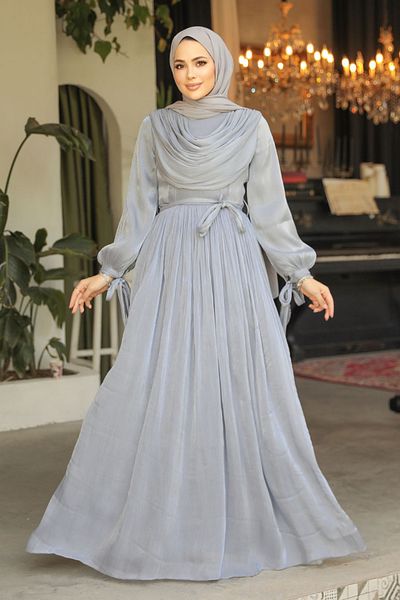 Neva Style فستان حجاب رمادي - تفاصيل ثنيات، موديل 44591GR