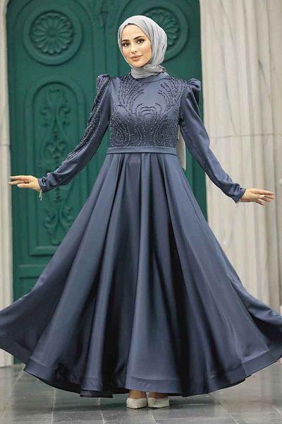 Neva Style Rochie de seara Hijab - Rochie de seara Hijab din satin antracit brodat cu margele 23191ant