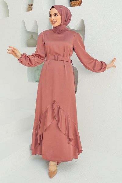 Neva Style Βολάν Dusty Rose Hijab Βραδινό Φόρεμα 4566gk