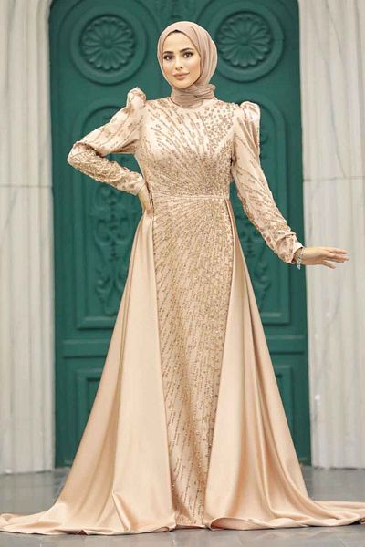 Neva Style فستان سهرة من الساتان بذيل ذهبي 23310gold