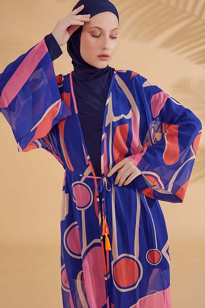 Neva Style Geometric Sax Blue Kimono Kaftan P2339SX