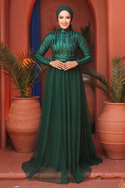 Neva Style Sequin Sequined Green Hijab Evening Dress 5338Y