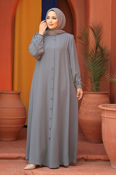 Neva Style Gray Hijab Abaya - Buttoned, Model 45283GR