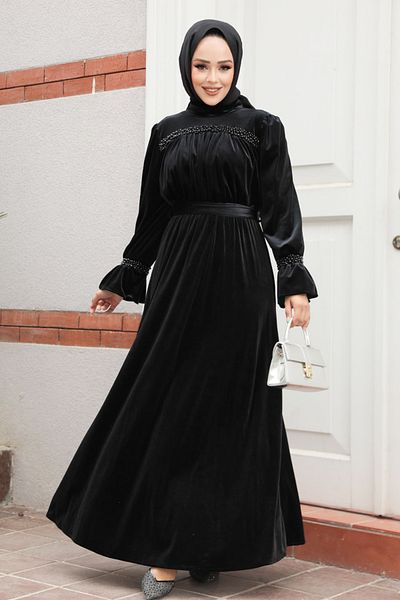Neva Style - Rochie de catifea islamică neagră cu centură 37291s