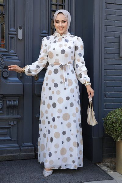 Neva Style Rochie Hijab Ecru cu buline 27934e