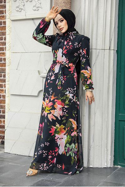 Neva Style Floral Patterned Powder Hijab Dress 27942Pd