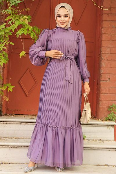 Neva Style Rochie Hijab Liliac închis plisată 39651klıla