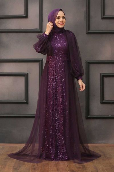 Neva Style Purple Hijab Evening Dress with Cape 55190Purple