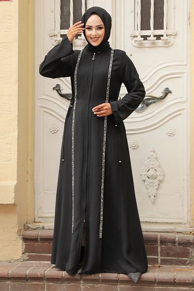 Neva Style Hijab negru cu detaliu de mărgele Ferace 20008s