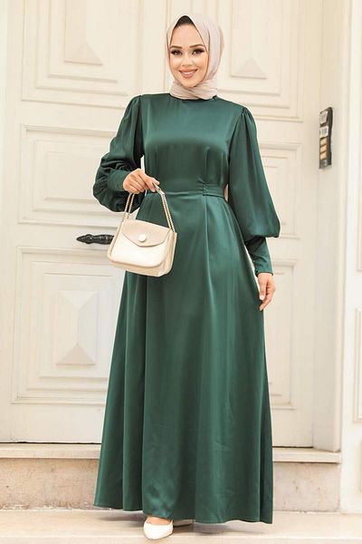 Neva Style Rochie de seară din satin hijab verde smarald cu mâneci balon 61031zy