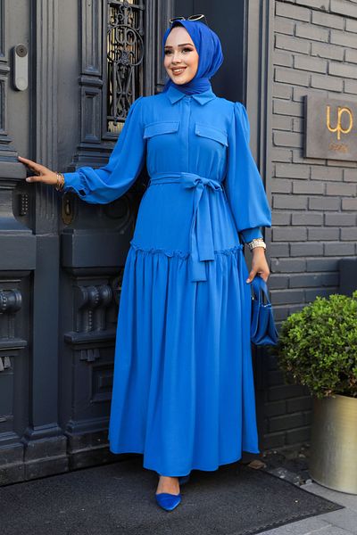 Neva Style Rochie Hijab Albastră - Cu centură, Model Nr: 12502M