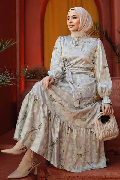 Neva Style Φόρεμα Hijab με λουλουδάτο πράσινο φιστίκι 60901FY