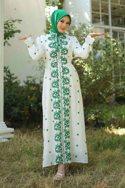 Neva Style Σμαραγδένιο Πράσινο Μοτίβο Hijab Φόρεμα - 13503ZY