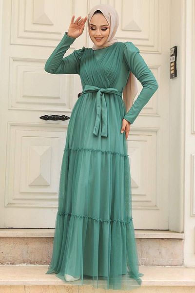 Neva Style Βραδινό φόρεμα με πτυχωτό πράσινο χιτζάμπ 55621cy
