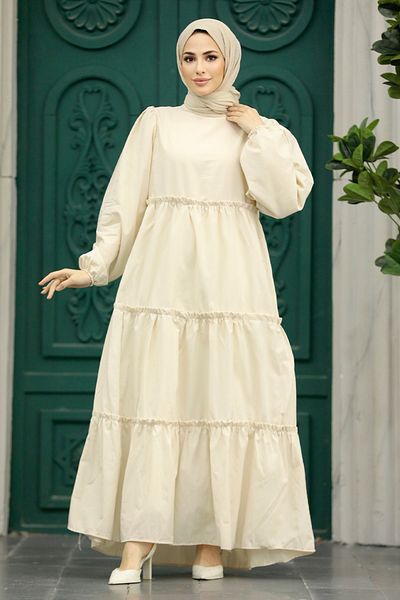 Neva Style Rochie din poplin hijab crem pliată 57342kr
