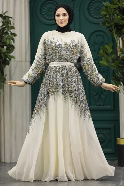 Neva Style Floral Patterned Cream Hijab Dress 39821Kr