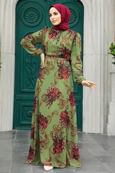 Neva Style Φόρεμα Hijab Χακί με λουλούδια 27921hk