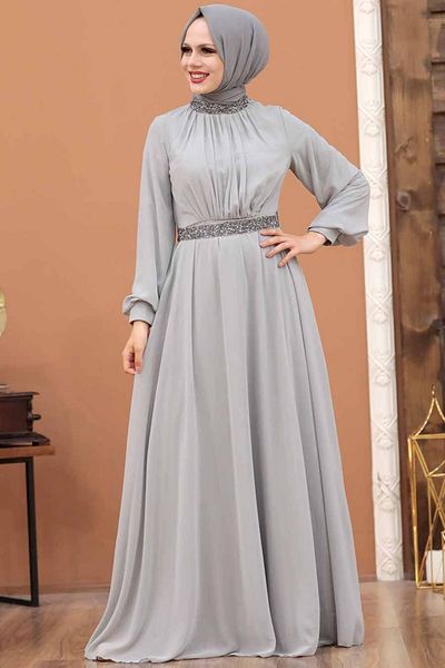 Neva Style Rochie de seara hijab gri cu maneca balon 5339gr