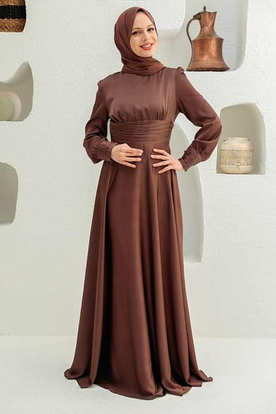 Neva Style Drape Detailed Brown Hijab Evening Dress 2511Kh