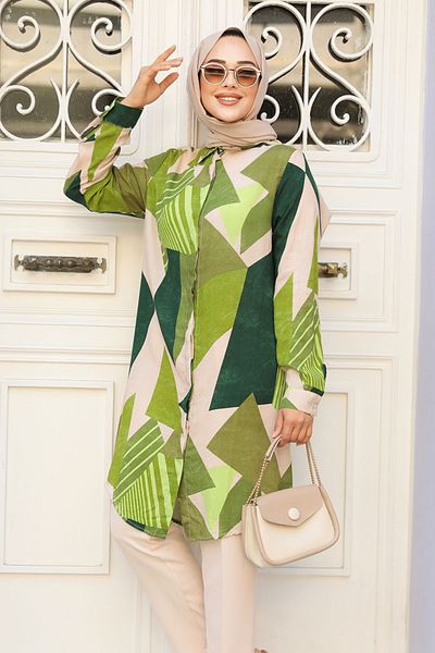Neva Style تونيك حجاب أخضر منقوش - 11682Y