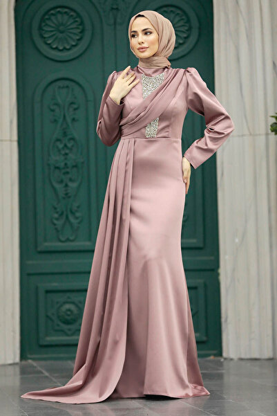 Neva Style Copper Satin Hijab Evening Dress with Tail 22891Bkr
