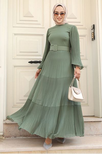 Neva Style فستان حجاب كاكي بحزام 3590 هونج كونج
