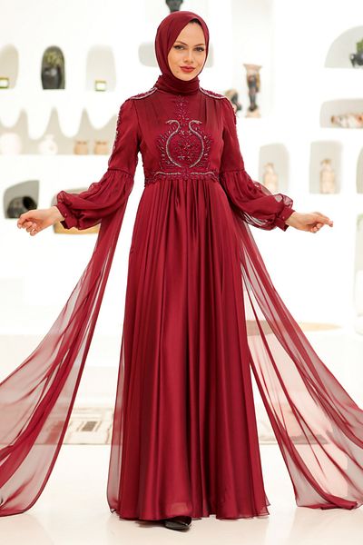 Neva Style Rochie de seara Hijab Burgundy cu pelerina 2212br