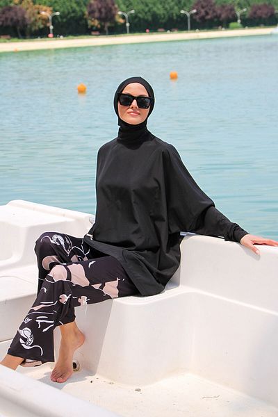 Neva Style Parachute Black Pocket Full Covered Hijab Swimsuit M2274S