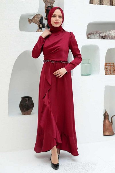 Neva Style Βολάν Βουργουνδία Hijab Βραδινό Φόρεμα 3381br