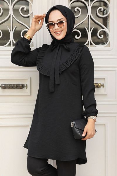 Neva Style Tunica neagra hijab cu detaliu cu volane 6682S
