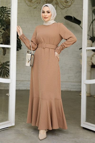 Neva Style Striped Biscuit Hijab Dress 51911BS