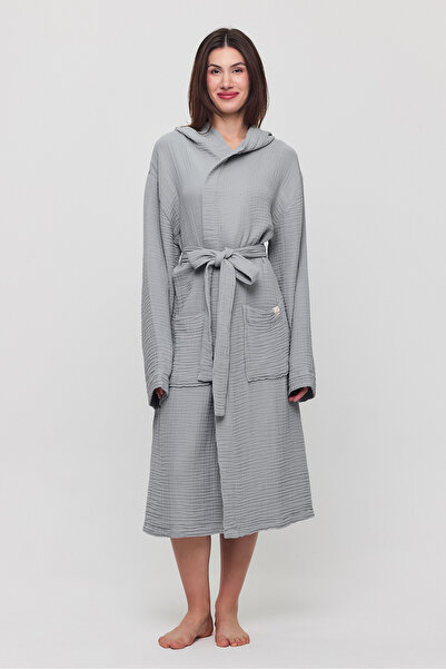 Zeliha Baysan Women's Muslin Pocket Tie Hooded Gray Bathrobe